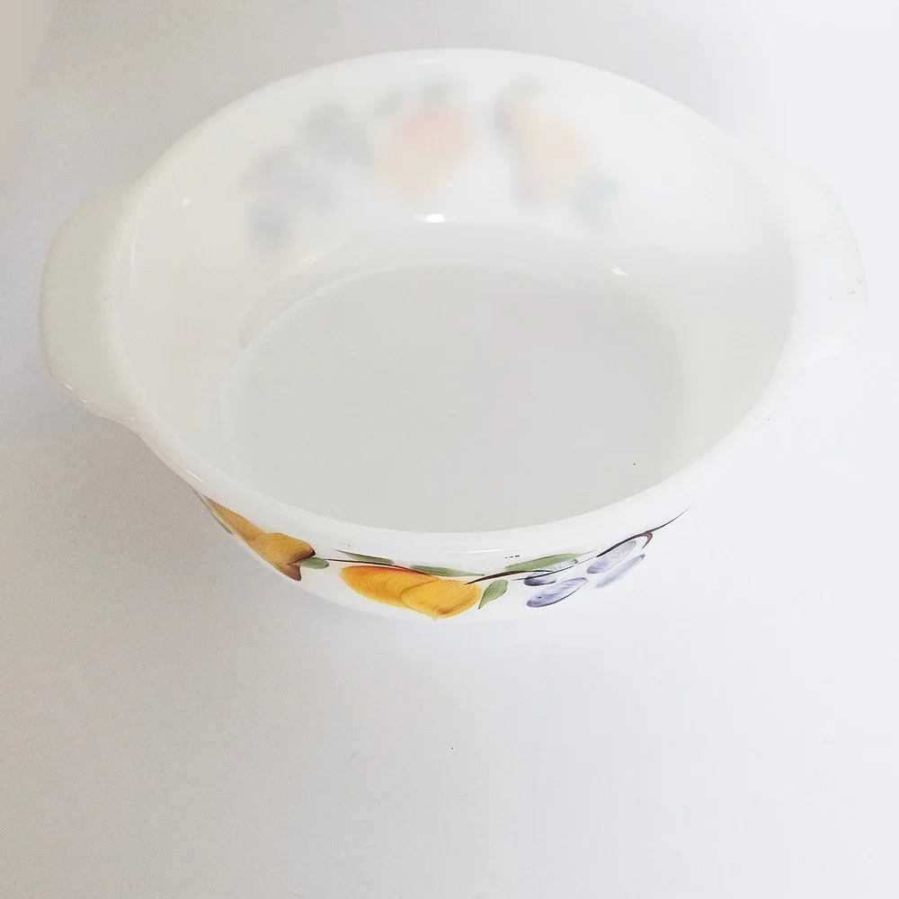 VTG Fire King Gay Fad Fruit Milk Glass Bakeware Set 3pc Square Pan Round Bowl
